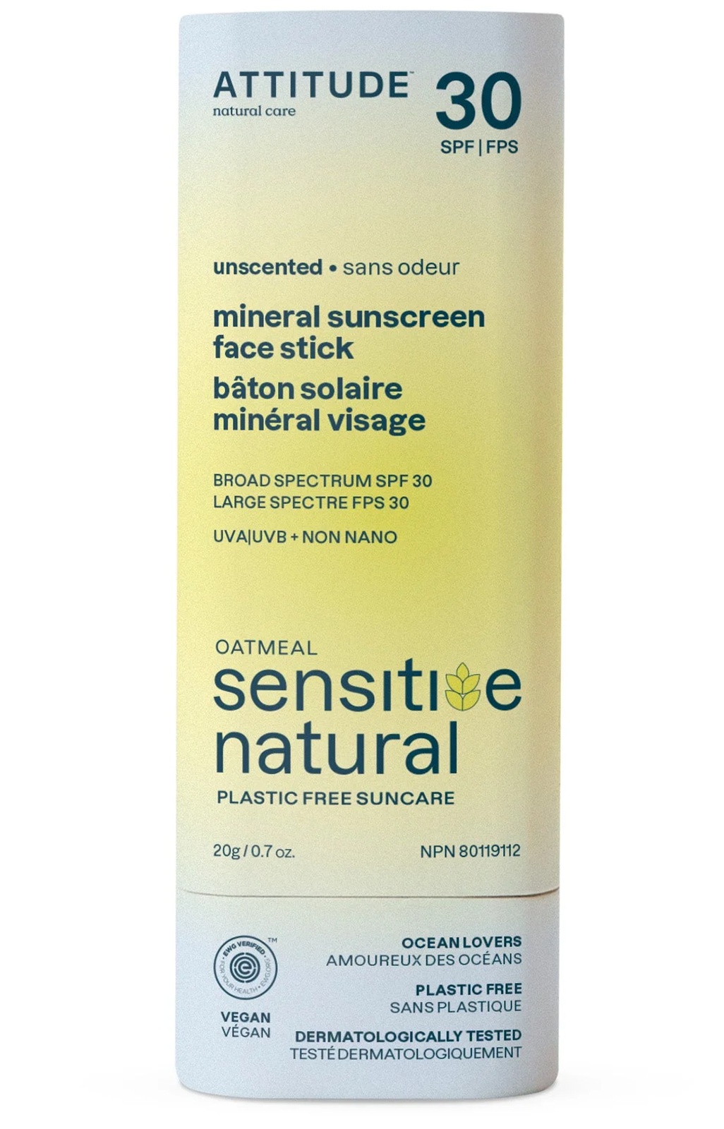 Attitude Oatmeal Sensitive Natural Mineral Sunscreen Face Stick Unscented SPF 30