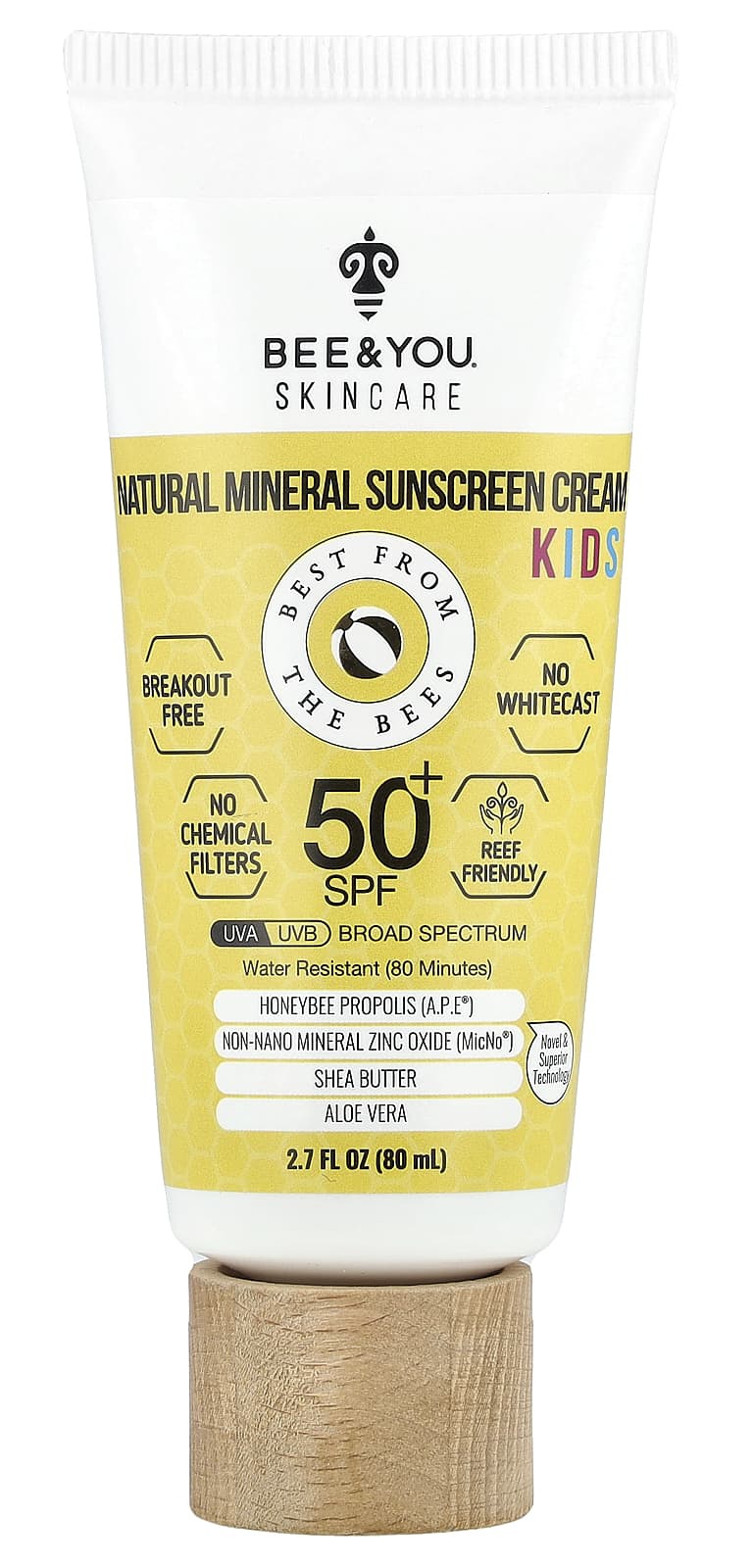 Bee & You Kids, Natural Mineral Sunscreen Cream, SPF 50+, 2.7 Fl Oz (80 Ml)