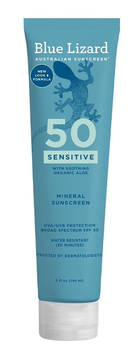 Blue Lizard Sensitive Mineral SPF 50 Sunscreen Lotion, 100% Mineral Sunscreen, UVA/UVB Protection, Infused With Organic Aloe Vera, Soothes And Hydrates, 5 Fl Oz With Zinc Oxide, 50+, Water Resistant, Uvauvb Protection, Sensitve