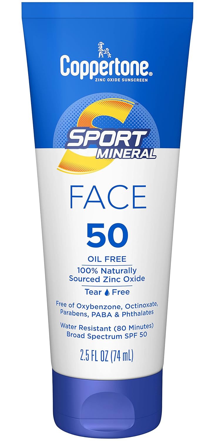 Coppertone Sport Sunscreen For Face, Zinc Oxide Mineral Face Sunscreen SPF 50, Oil Free Sunscreen, Travel Size Sunscreen, 2.5 Fl Oz Tube