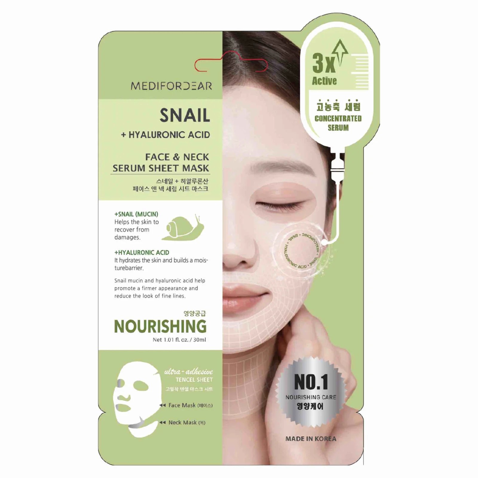 Medifordear Snail + Hyaluronic Acid Face & Neck Serum Sheet Mask