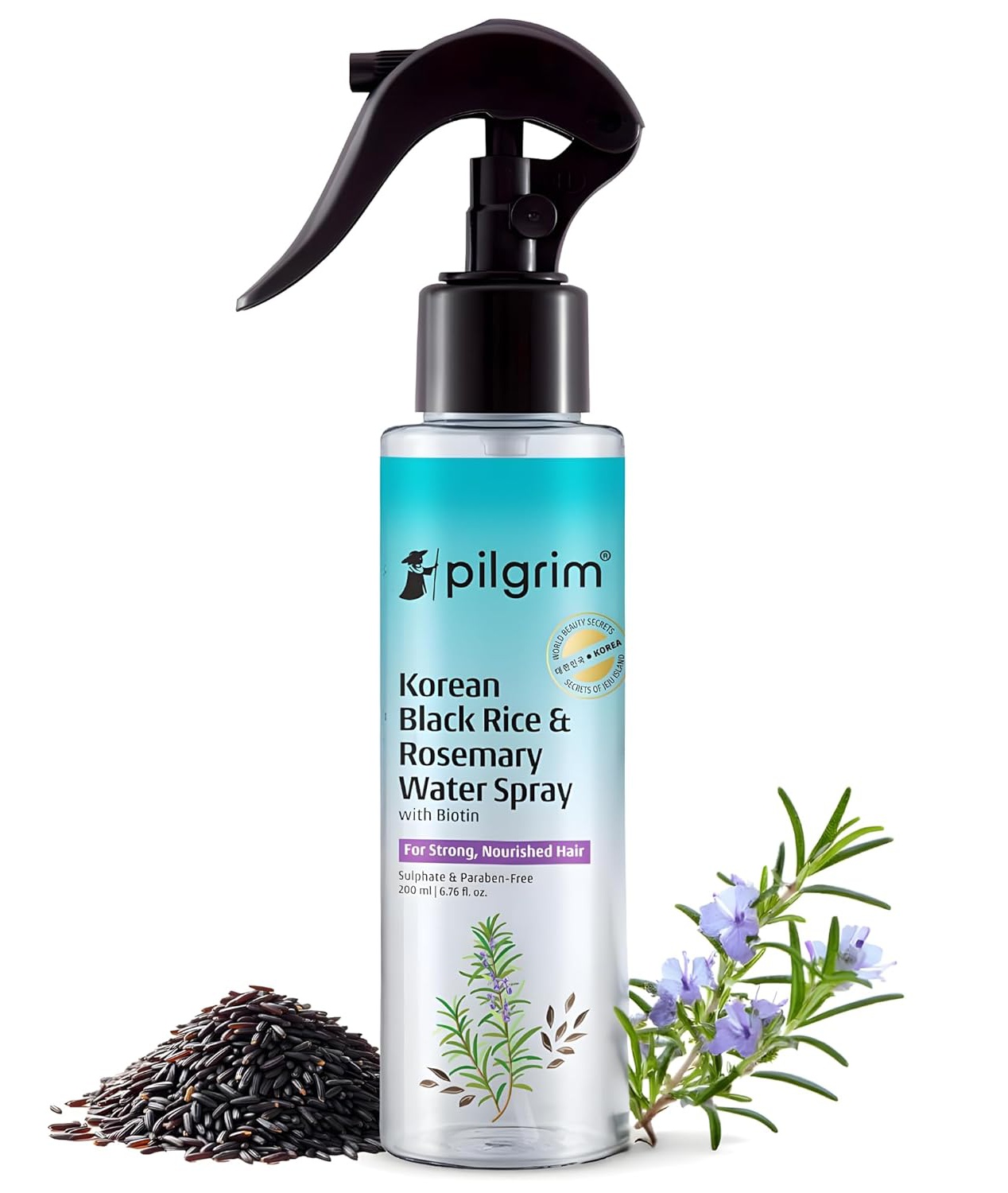 Pilgrim Korean Black Rice & Rosemary Water Spray With Biotin For Strong, Nourished Hair | Helps Reduce Breakage, Adds Volume & Shine, Refreshes Scalp | Sulphate & Paraben Free | 6.76 Fl Oz (200ml)